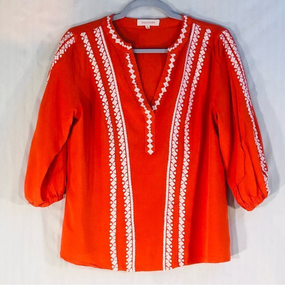 Solitaire Orange Rayon 3/4” Sleeve V Neck Embroidered Top M👍